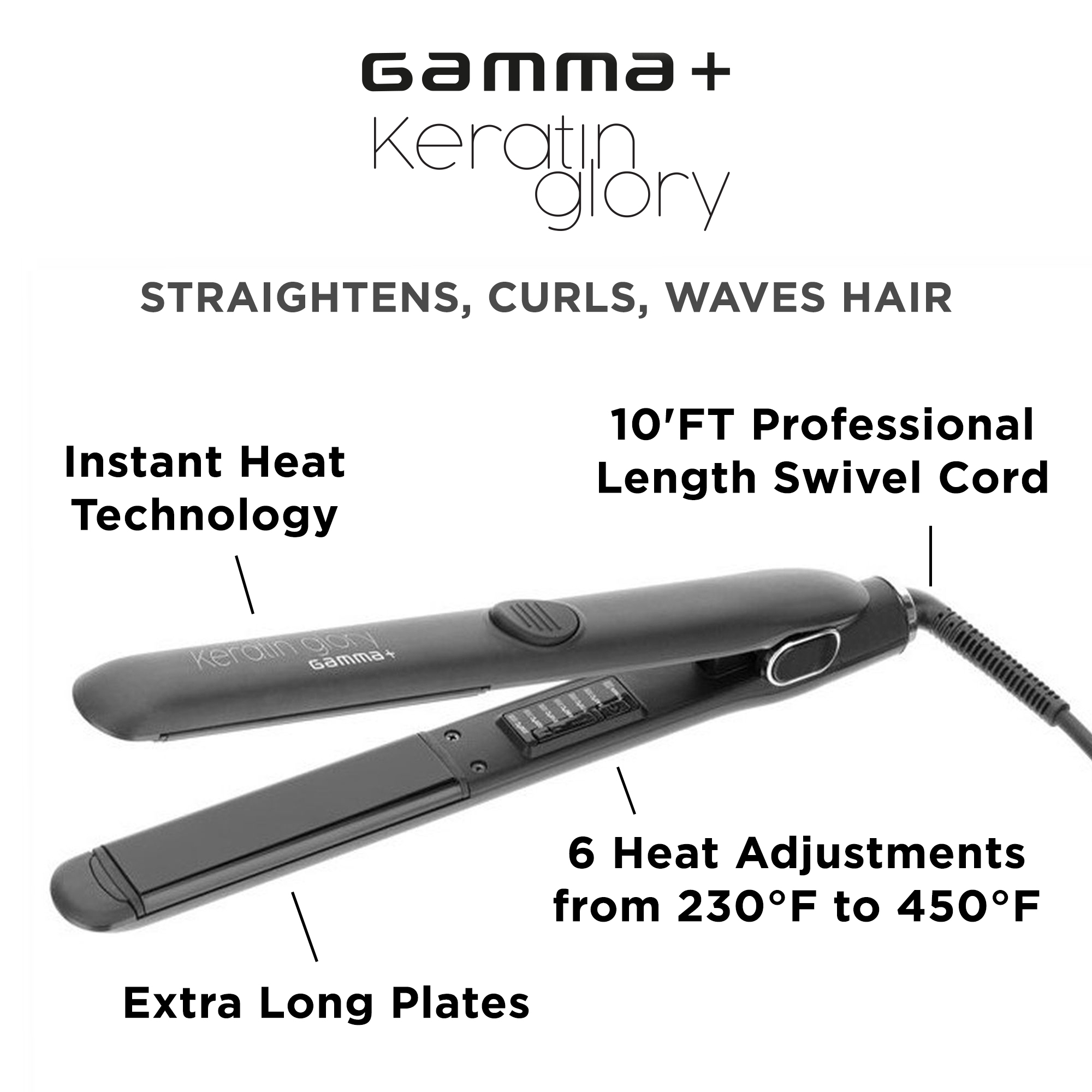 Stylecraft Gamma+ Keratin Glory Flat Iron, Black